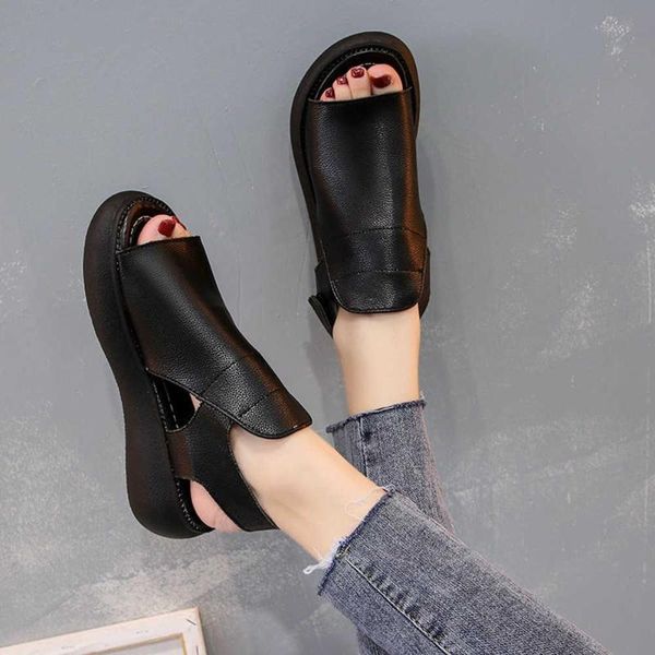 

sandals 2021 summer thick-soled flat-heeled ladies sandalsvelcro casual sports all-match women's shoes, Black