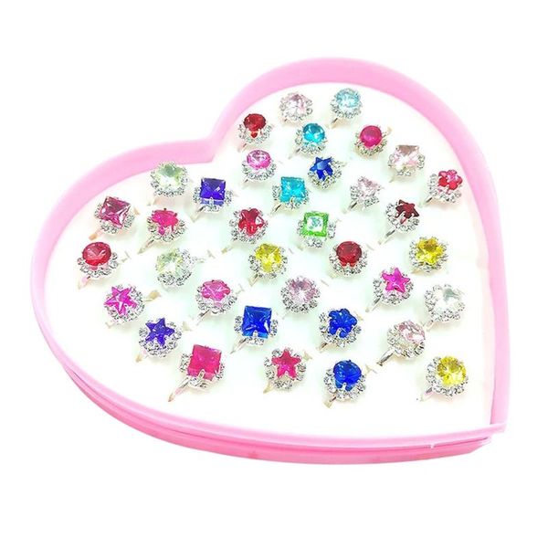 

cluster rings 12/36 pcs/box adjustable alloy baby girl fashion cartoon children with heart shaped showcase for birthday party, Golden;silver