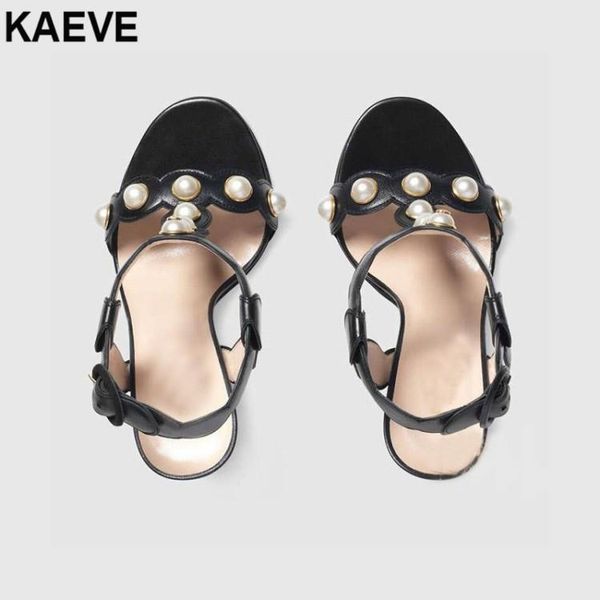 

leather gold sandals pearl stud thick high heels word buckle leaves side shoes spring and summer, Black
