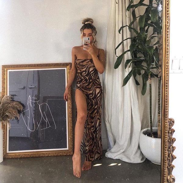 

women leopard womens dress print polyester split summer sleeveless one shoulder maxi ladies party club vintage dresses female, Black;gray