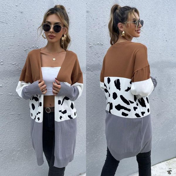 

women's knits & tees coat 2021 spring and autumn long leopard stitched cardigan sweater knitted, White