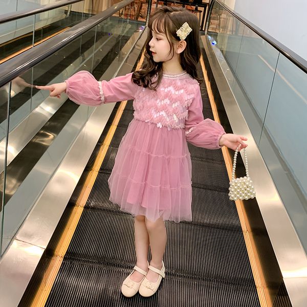 

summer autumn girls dresses long sleeve princess dress sequin tassel flowers lace party tutu dress kids 3 to 12 yrs girl clothes, White