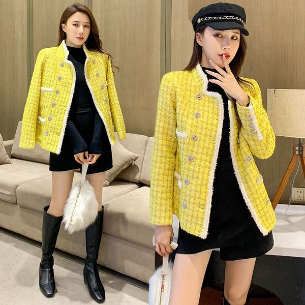 

women's jackets autumn fashion women stand collar plaid yellow tweed jacket pearls double breasted vintage elegant female coat, Black;brown