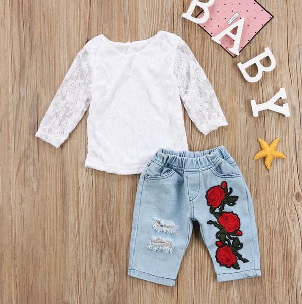 Crianças bebê menina conjuntos estilo estilo lace manga longa tops denim calças 2 pcs roupas de roupa conjunto
