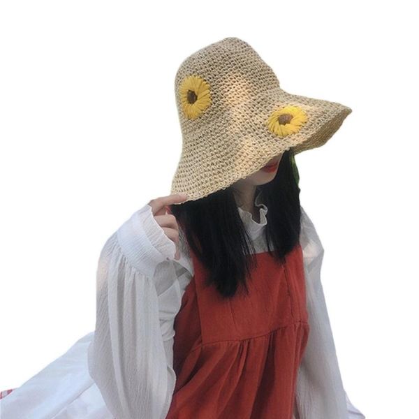

korean style women summer woven straw sun hat sweet daisy flower embroidery wide brim sunscreen vacation travel foldable y1ac hats, Blue;gray
