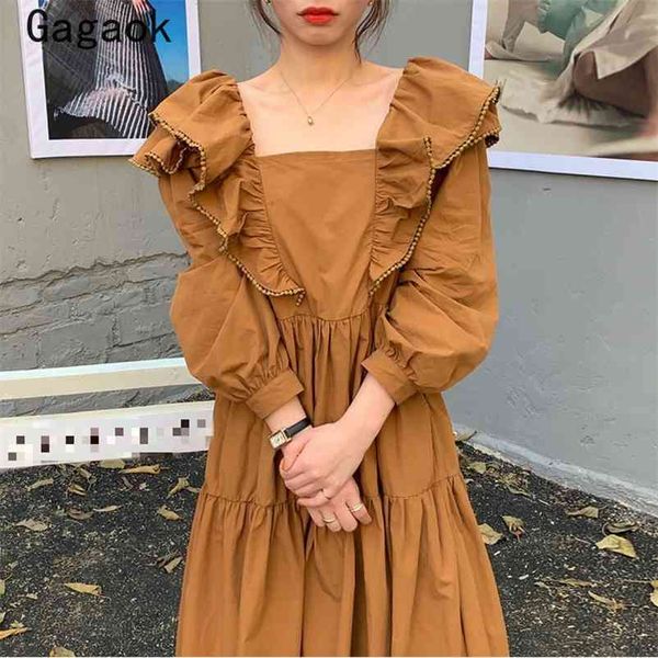 

korean woman dress spring autumn vintage solid ruffles puff sleeve midi drsses chic fashion sweet wild vestidos 210531, Black;gray