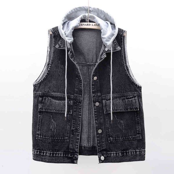 

women's vests korean fashion hooded denim vest women waistcoat big pocket sleeveless jacket coat size loose short black jeans fema, Black;white