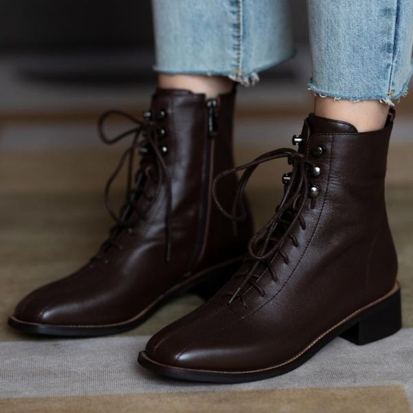 

boots women's genuine leather lace-up flats autumn ankle round toe casual short punk motorcycle shoes women, Black