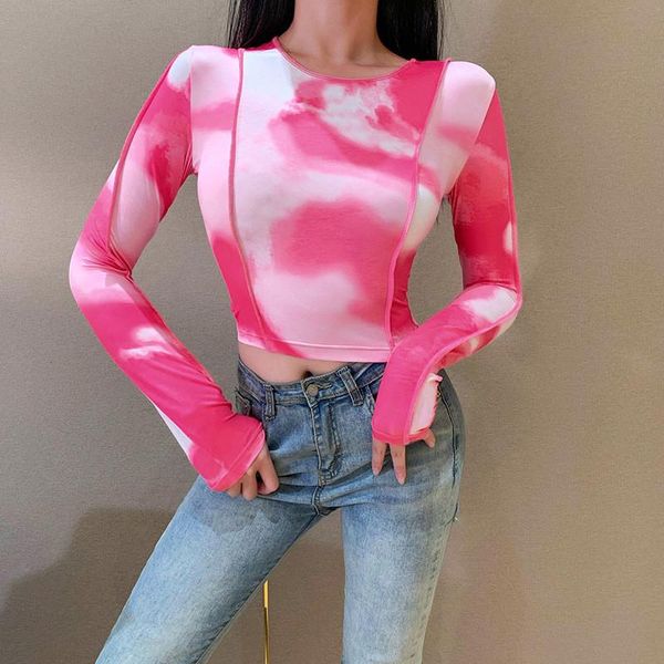 

fashion women's shirts ladies slim ruched long sleeve pullovers tie dye printing bandage lace-up open back club streetwear blouses &, White