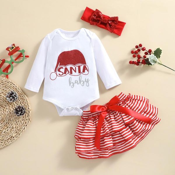 

clothing sets baby girl set christmas letter long sleeve jumpsuit striped short skirt & headband three-piece, White