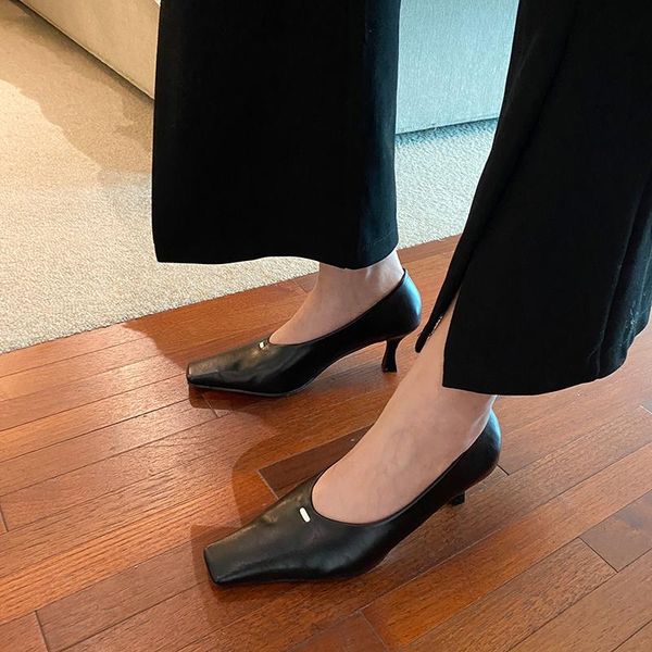 

fashion women pumps square toe shallow slip on mules thin high heels candy color office shoes party size 39 dress, Black