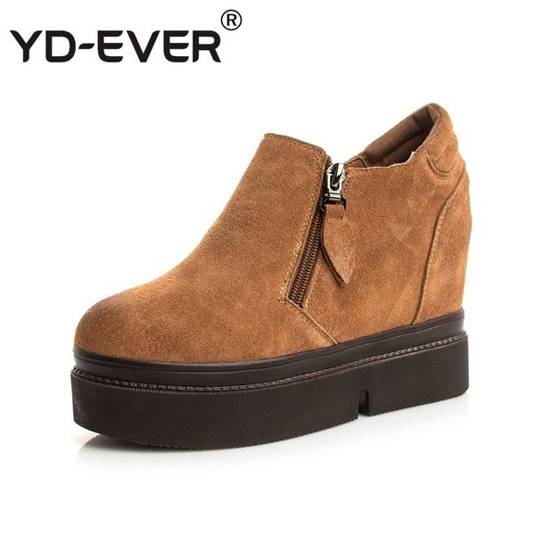 

yd-ever genuine leather women shoes autumn platform wedge woman super high heels casual height increasing pumps dress, Black