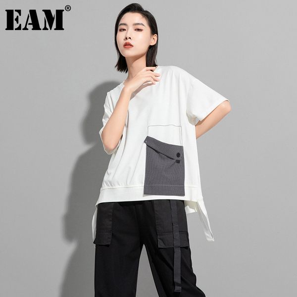 

[eam] women black big size plaid pocket button ribbon t-shirt round neck short sleeve fashion spring summer 1dd8089 210512, White