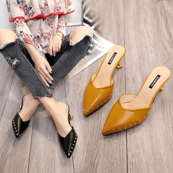

slippers baotou half female 2021 spring and summer fashion stiletto comfortable sandals pointed toe shoes, Black