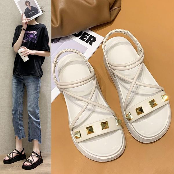 

sandals women summer fashion women's 2021 solid color studded ladies casual round head comfortable platform shoes, Black