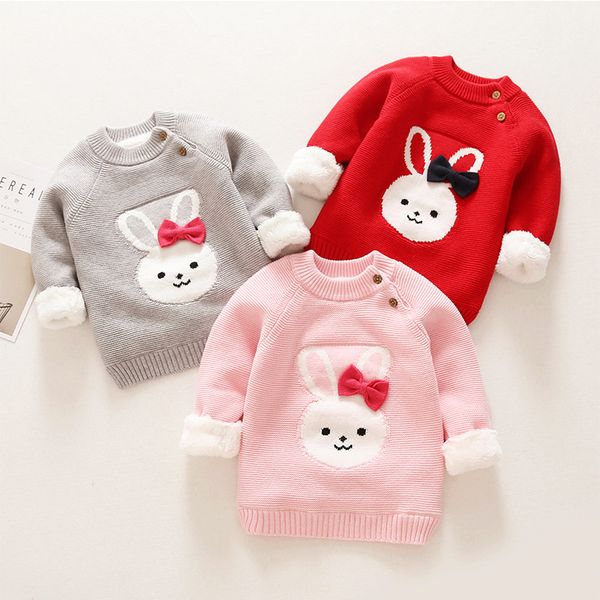 

winter warm kids clothing toddler infant sweater for babe girls boys cartoon rabbit plush pullovers childrens solid sweaters, White