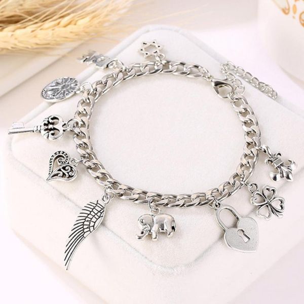 

cuff 1 pc ancient silver telephant wing lock flower key pendants bracelet fashion jewelry charm, White