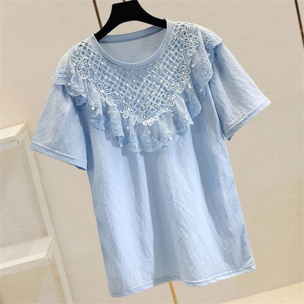 

spring summer lace patchwork all match loose beaded ruffle short sleeve o neck t-shirt women's mesh 210615, White