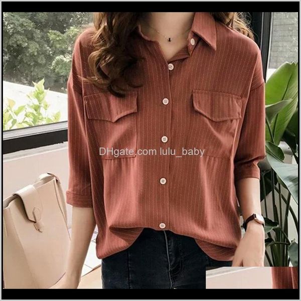 

& womens clothing apparel drop delivery 2021 fashion blouses striped half sleeve lapel neck shirts women casual blouse female pocket shi, White