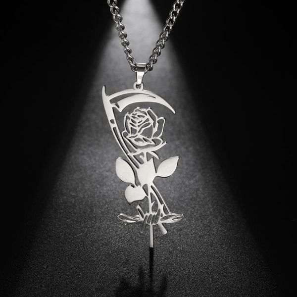 

pendant necklaces teamer goth sickle rose necklace women gold color stainless steel for men halloween jewelry 2021, Silver