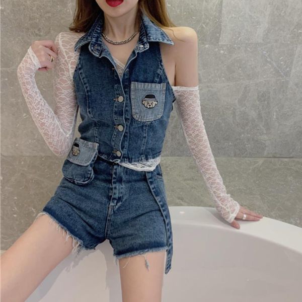 

women's tracksuits jmprs summer women denim 2 piece set casual loose jeans vest high waist tassel wide leg shorts embroidery streetwear, Gray