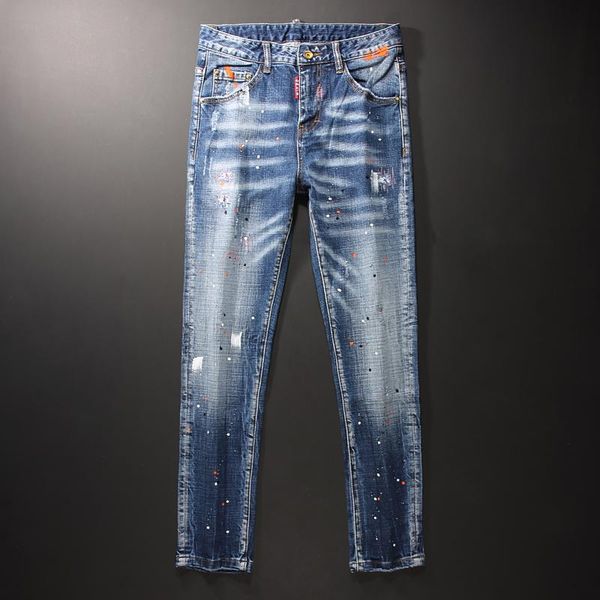 

men's jeans european american street fashion men retro blue elastic slim ripped painted designer hip hop denim pencil pants