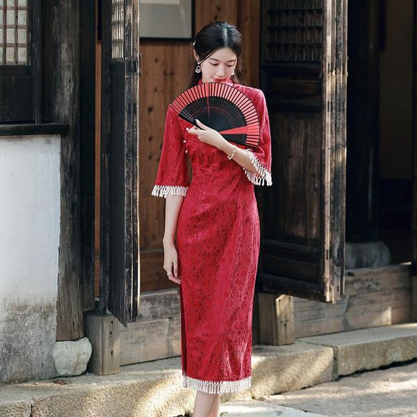 

ethnic clothing lace beading long cheongsam chinese lady bride wedding dress autumn flare sleeve slim qipao vestidos plus size 3xl, Red