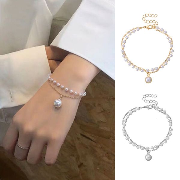 

fashion simple multilayer pearl bracelet for women ins temperament sweet pendant bracelets jewelry girls party gift dropshipping, Golden;silver