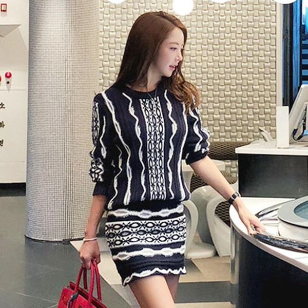 

women's two piece pants 2021 spring autumn sweater skirt suit women 2 set long sleeve o-neck knitted crop+skirt, White