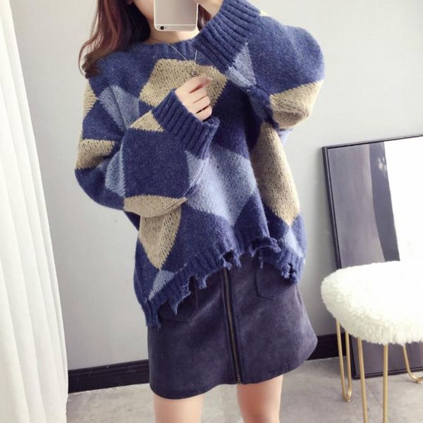 

women's sweaters sweater women patchwork color soft knitted o neck sweet 2021 winter hole pullover loose long sleeve, White;black