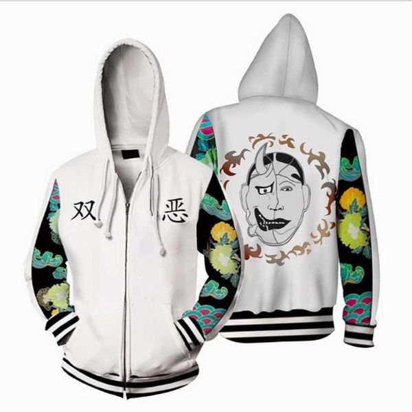 

men's hoodies & sweatshirts tokyo revengers3d black and white color flower sleeve double evil zipper hoodie men-clothing oversized long