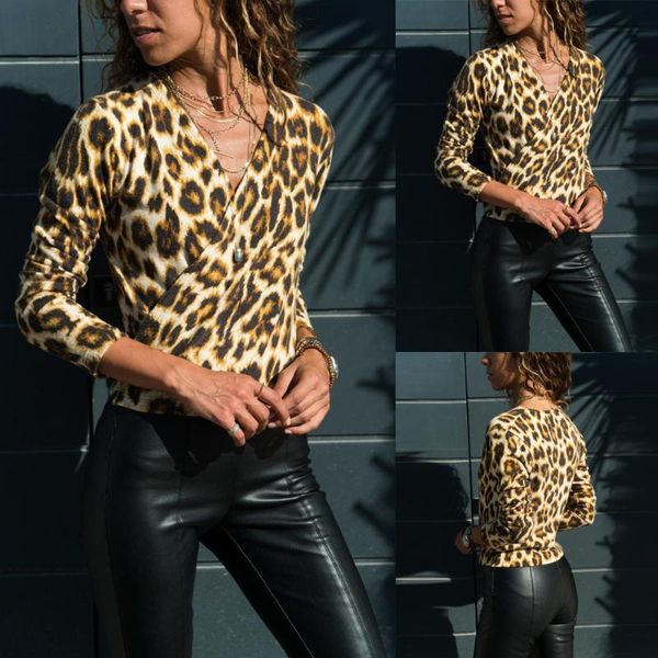 

women's blouses & shirts women leopard print casual v-neck ladies long sleeve blouse haut dentelle femme womens 2021, White