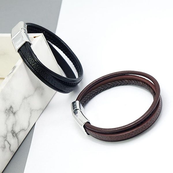 

link, chain leather bracelet men hip hop black stainless steel magnet buckle multi jewelry charm wholesale