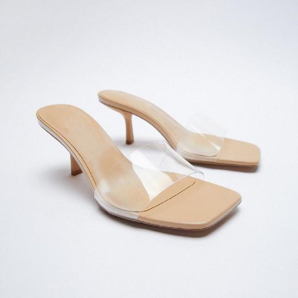 

slippers shoes thin heels square toe low ladies' jelly slides heeled mules slipers women fashion transparent high 2021 luxury ru, Black