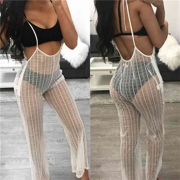 Venda transparente espaguete cinta lace up longa calças jumpsuits mulheres branco preto backless clubwear partido ver através de catsuits 210517