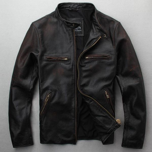 

men arrival genuine leather motorcycle jacket thick cowhide riding jackets male winter coats men's & faux, Black