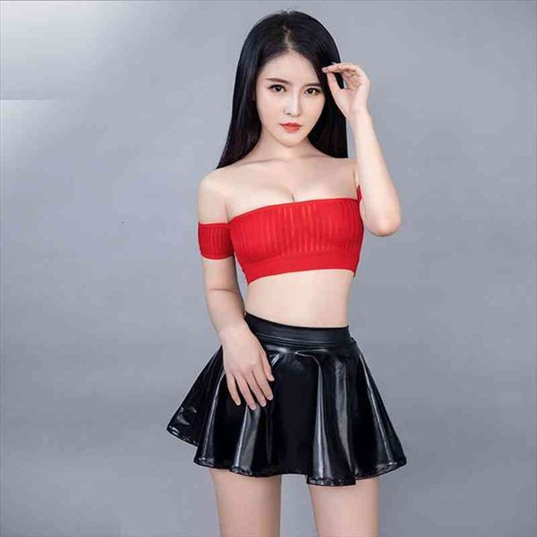 

transparent striped off the shoulders short tube low rise pu high elastic mini a-line cute sun skirt nightclub, White