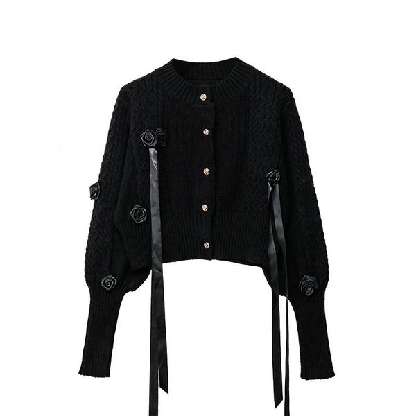 

rose design french knit cardigan warm and soft sweater coat girl women's sweaters, White;black