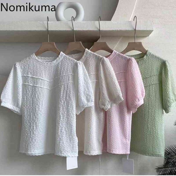 

nomikuma korean elegant blouses women o neck short sleeve ruched shirts solid color arrival all-match blusas mujer 210514, White