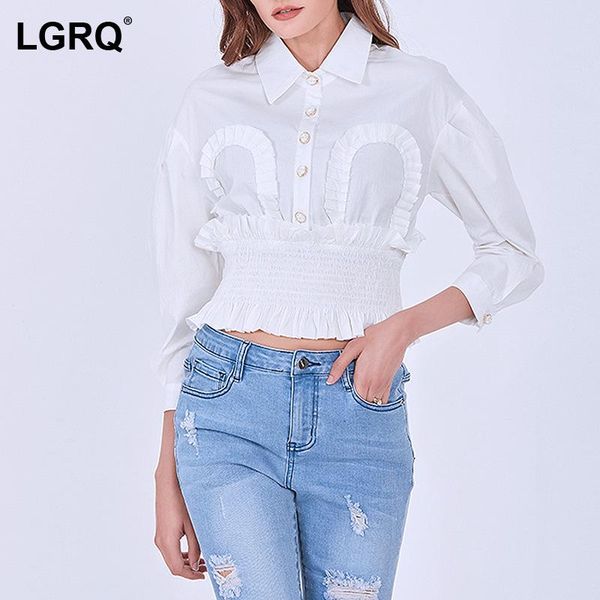 

women's blouses & shirts [lgrq] women white ruched blouse arrival turn down neck long sleeve loose fit shirt fashion tide spring autumn