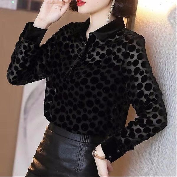 

black polka dot autumn and womens blouses winter bottoming solid turn down collar long sleeve, White