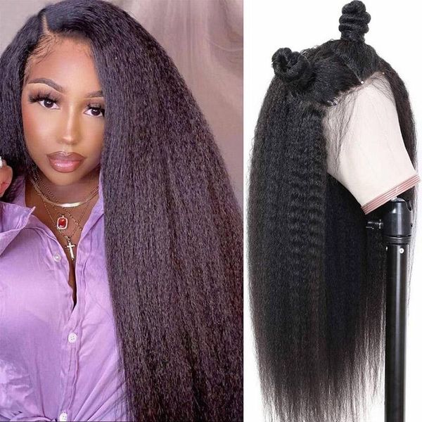 

lace wigs peruvian kinky straight front human hair 13x4 frontal 28 inches remy wig 180% density, Black;brown