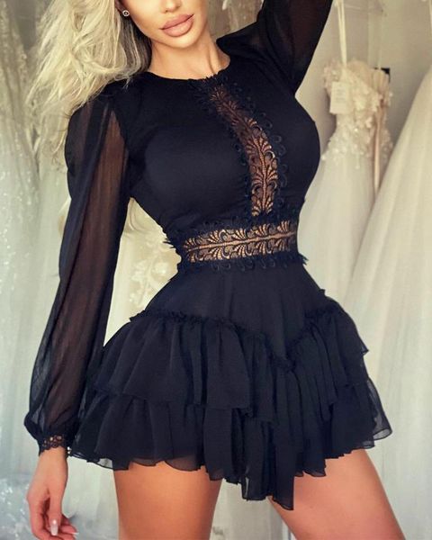 

winter women stitching lace mini long sleeve dress slim transparent party female 2021 year wear vestidos casual dresses, Black;gray