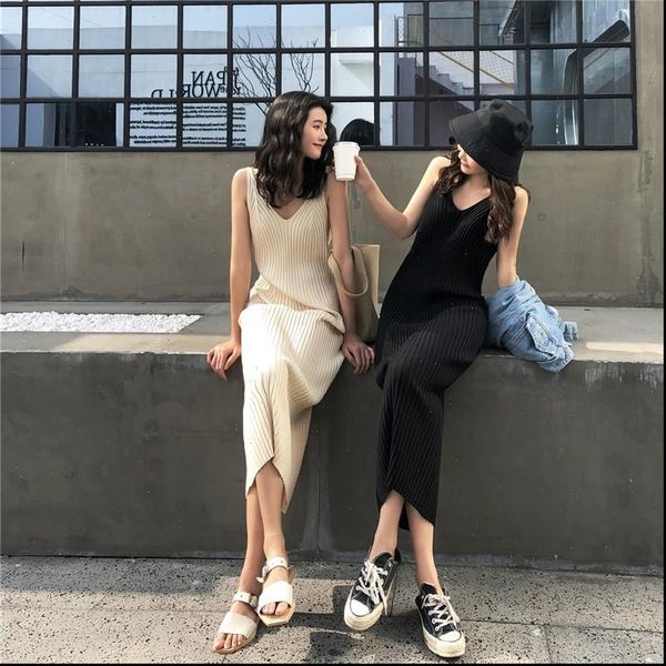 

summer gothic womens dress spaghetti strap striped slim fit women dresses elegant v neck knitted long female party, Black;gray