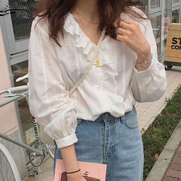 

casual loose cardigan women blouse autumn cotton puff sleeve plus size shirts long v neck white 8561 210508