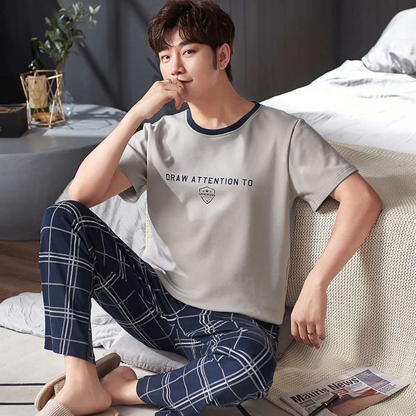 

o summer cats casual neck nightgown with long broek pak mode pocket patchwork men's pajamas single plaid home, Black;brown