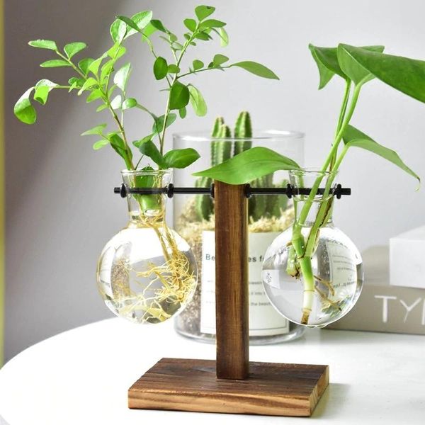 

vases -vintage style glass deskplant bonsai flower christmas decoration vase with wooden l / t shape tray home decor accessor
