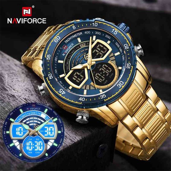 

naviforce mens military sports waterproof watches luxury analog quartz digital wrist watch for men bright backlight gold watches 210329, Slivery;brown