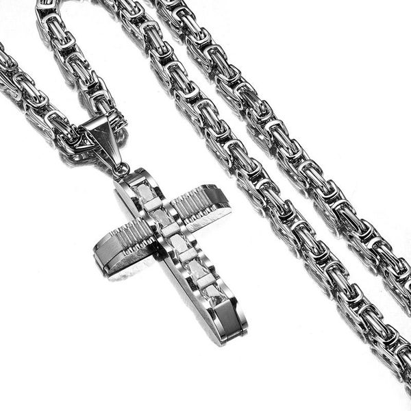 

pendant necklaces crystal cross necklace for men women byzantine silver color stainless steel chain catholic crucifix male punk jewelry
