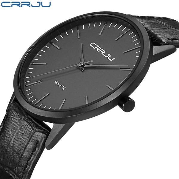 Crrju бренд мужские тонкие спортивные аналоговые кварцевые часы черный кожаный ремешок мода мужские календарные часы Relogio Masculino 210517